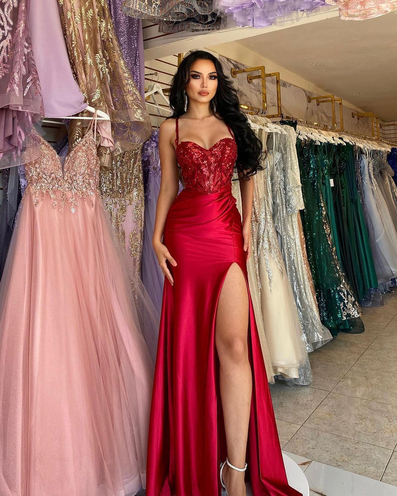 Elegant Long Red Spaghetti Straps Sequins Lace Sleeveless Prom Dresses Long Slit Online-Ballbella