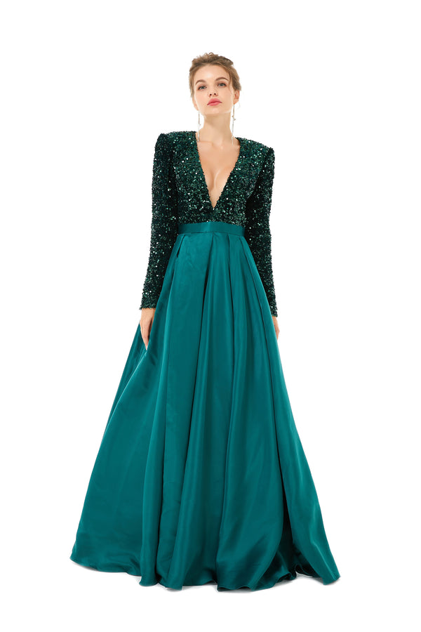 Elegant Long sleeve Deep V-neck Dark green Evening Dress | Ballbella Real Shooting-Ballbella