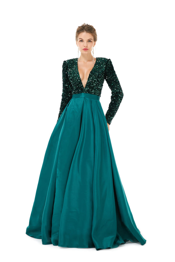 Elegant Long sleeve Deep V-neck Dark green Evening Dress | Ballbella Real Shooting-Ballbella