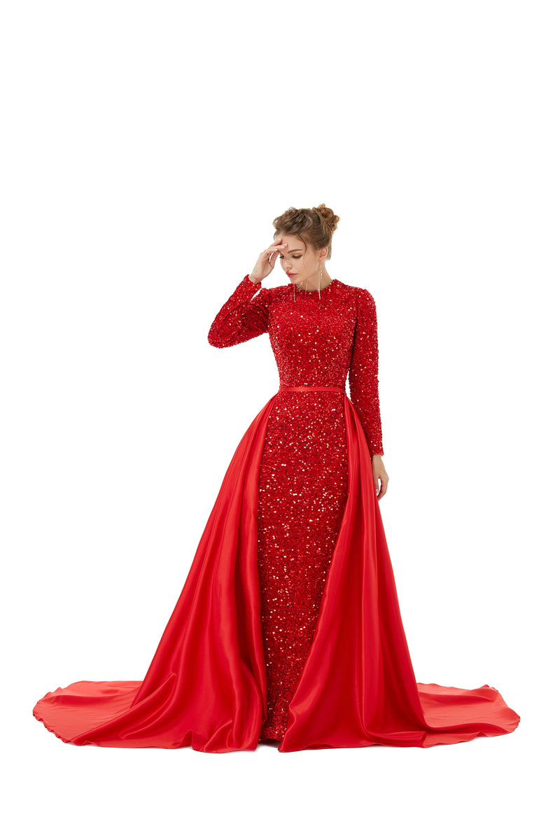 Elegant Long sleeve Sequin Evening Dress with Detachable Skirt | Ballbella Real Shooting-Ballbella