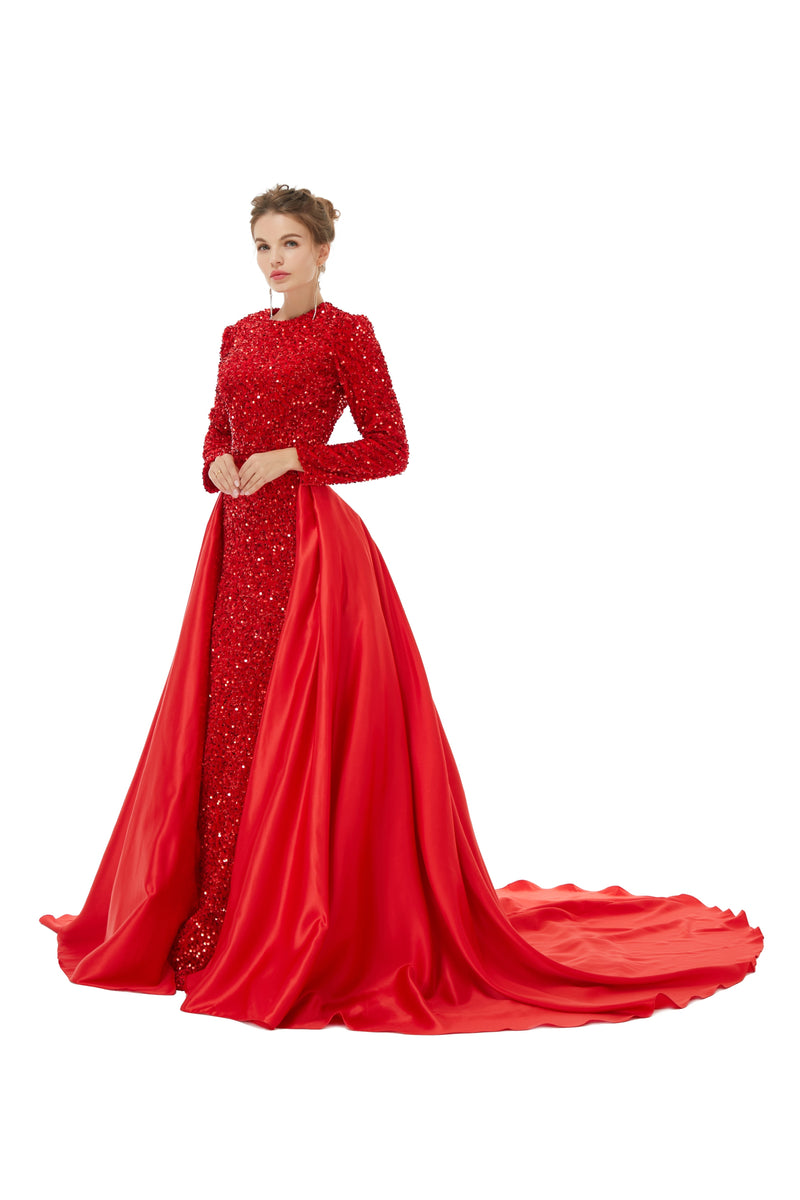 Elegant Long sleeve Sequin Evening Dress with Detachable Skirt | Ballbella Real Shooting-Ballbella