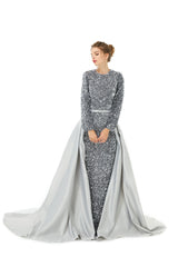 Elegant Long sleeve Sequin Evening Dress with Detachable Skirt | Ballbella Real Shooting-Ballbella