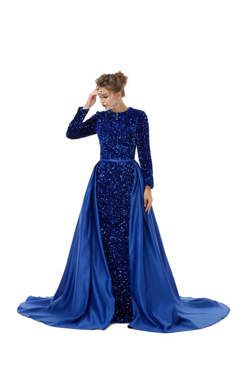 Elegant Long sleeve Sequin Evening Dress with Detachable Skirt | Ballbella Real Shooting-Ballbella