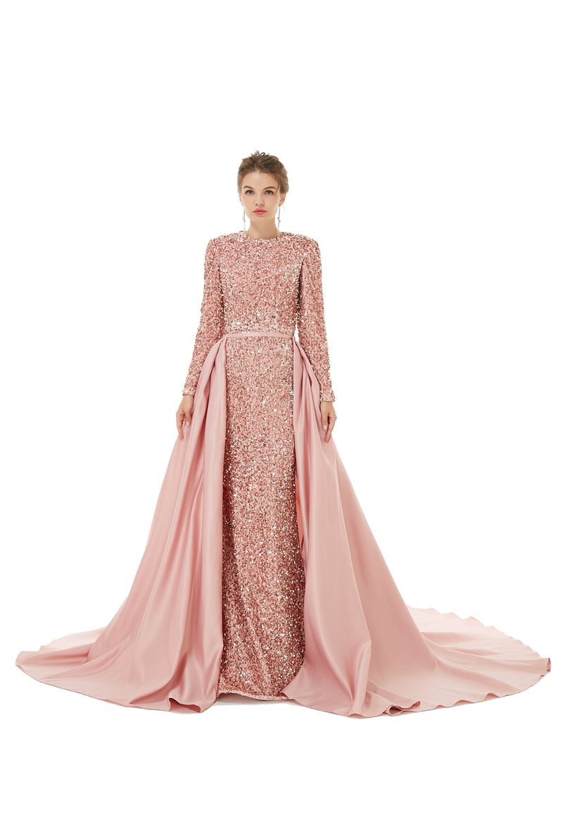 Elegant Long sleeve Sequin Evening Dress with Detachable Skirt | Ballbella Real Shooting-Ballbella