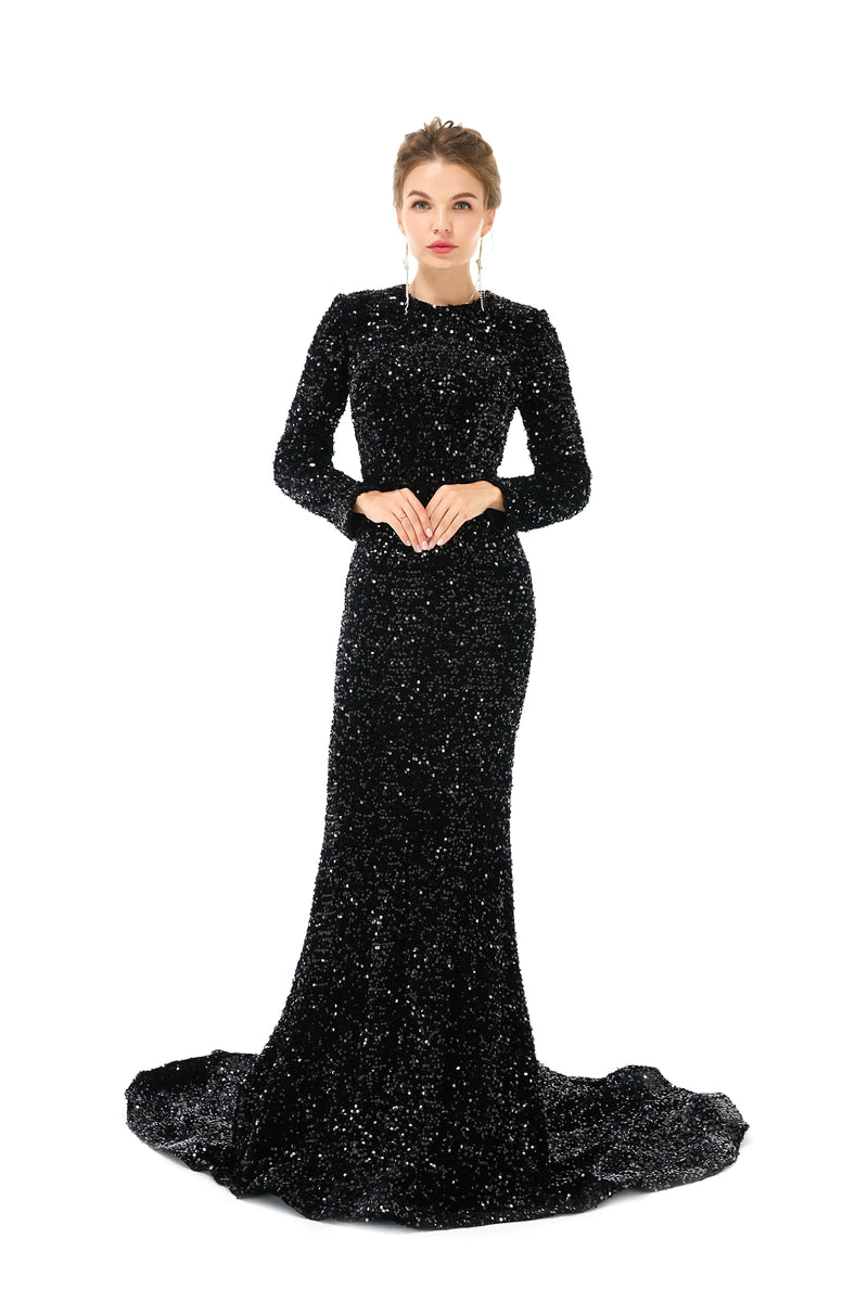 Elegant Long sleeve Sequin Evening Dress with Detachable Skirt | Ballbella Real Shooting-Ballbella