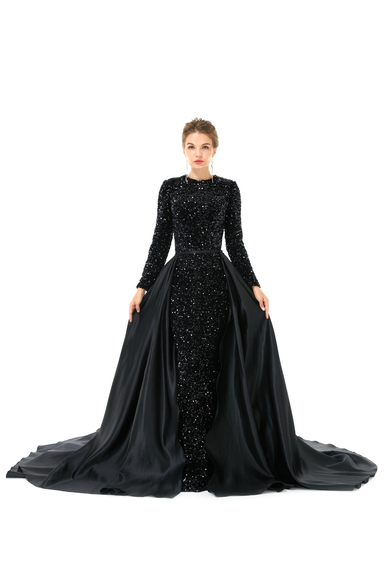 Elegant Long sleeve Sequin Evening Dress with Detachable Skirt | Ballbella Real Shooting-Ballbella