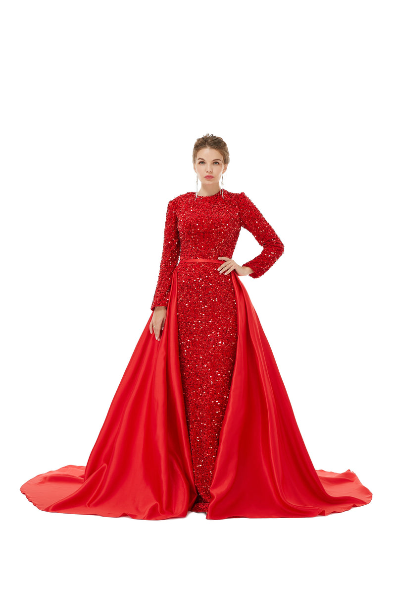 Elegant Long sleeve Sequin Evening Dress with Detachable Skirt | Ballbella Real Shooting-Ballbella