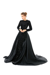 Elegant Long sleeve Sequin Evening Dress with Detachable Skirt | Ballbella Real Shooting-Ballbella