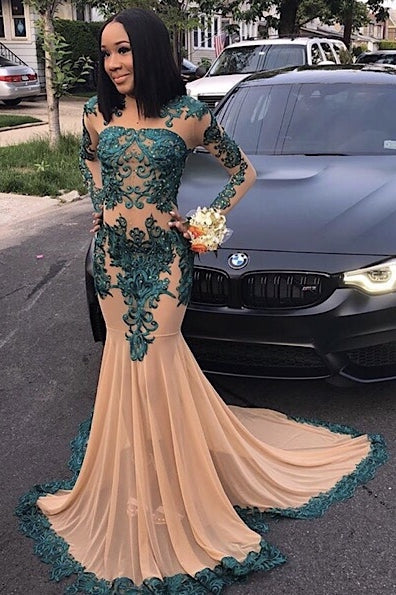 Elegant Long Sleeves Full Length Mermaid Prom Gown for Women with Train-Ballbella