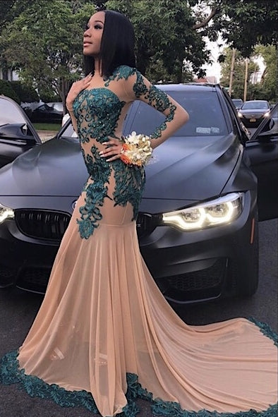 Elegant Long Sleeves Full Length Mermaid Prom Gown for Women with Train-Ballbella