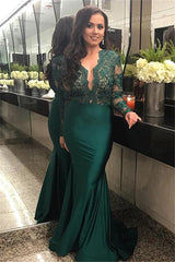 Elegant Long Sleeves Lace Prom Party GownsMermaid Green Women's Party Dress-Ballbella