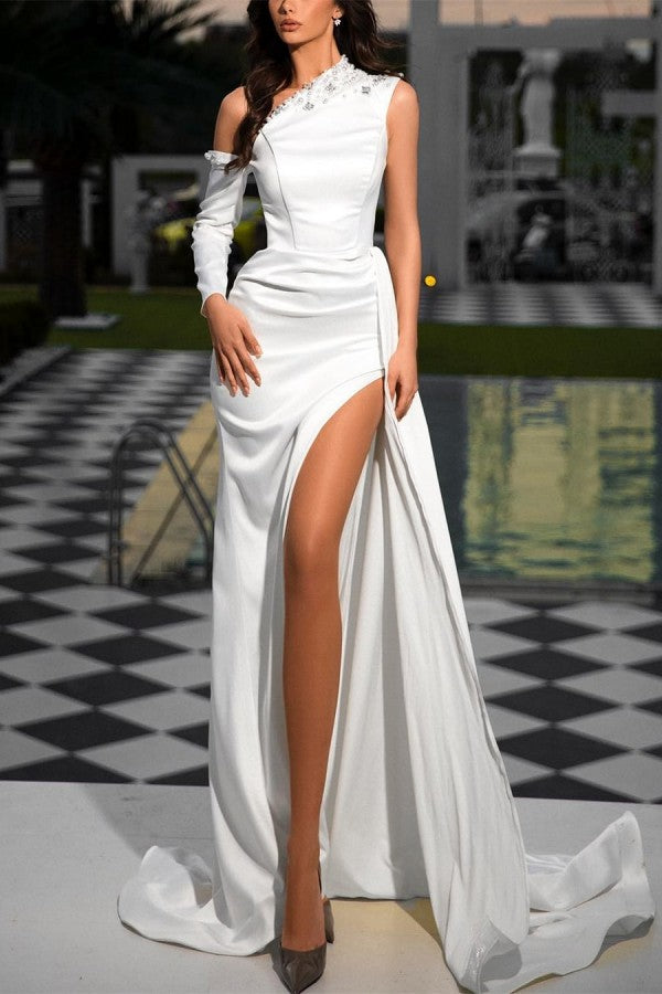 Elegant Long White One Shoulder Sequins Prom Dresses Long Slit Online-Ballbella