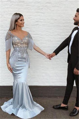 Elegant Mermaid Sky Blue Evening Gowns V-Neck Prom Dresses with Tassels-Ballbella