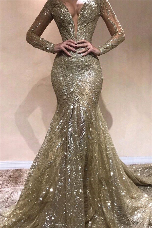 Elegant Mermaid V-Neck Long Sleevess Sequins Prom Dresses-Ballbella