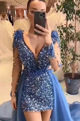 Elegant Mini V-Neck Long Sleeveless Sheath Sequins Prom Dresses-Ballbella