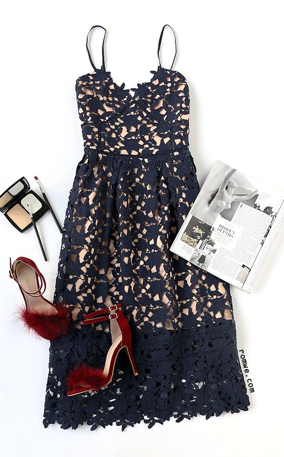 Elegant Navy Blue Lace Ankle-length Homecoming Dress-Ballbella