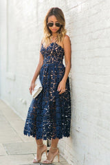 Elegant Navy Blue Lace Ankle-length Homecoming Dress-Ballbella