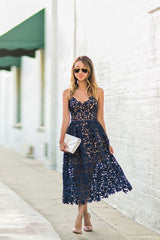 Elegant Navy Blue Lace Ankle-length Homecoming Dress-Ballbella