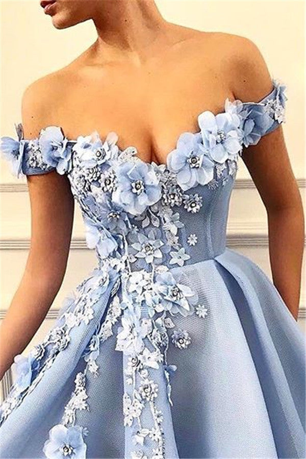 Do not know where to get Elegant Off-The-Shoulder Flower Appliques Sleeveless A-Line Prom Party Gowns? Ballbella is here for you,  you can find all kinds of styles affordable prom dresses,  30+ colors available.