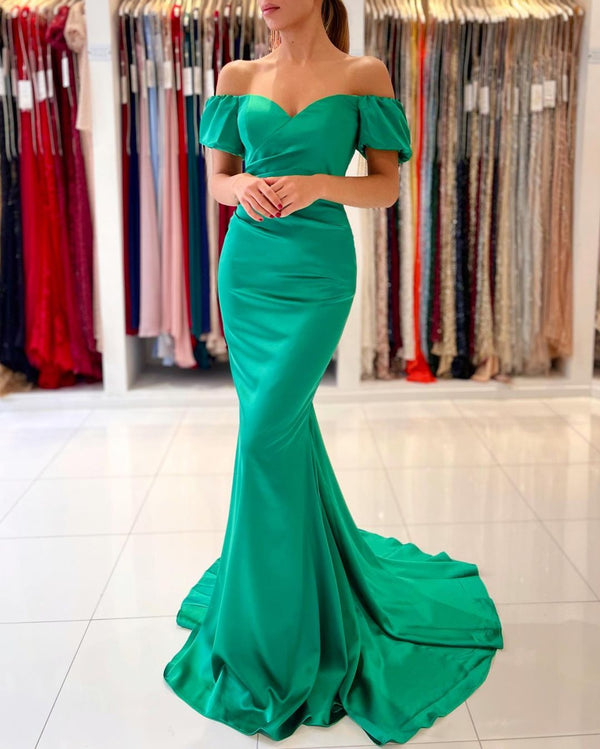 Elegant Off-the-Shoulder Green Mermaid Evening Dress Long On Sale-Ballbella