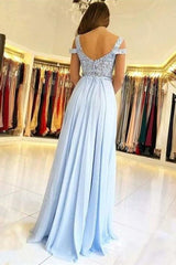 Elegant Off-the-shoulder Low Back Prom dresses with Chic High Split Ligh Sky blue Evening Gowns with Lace appliques-Ballbella