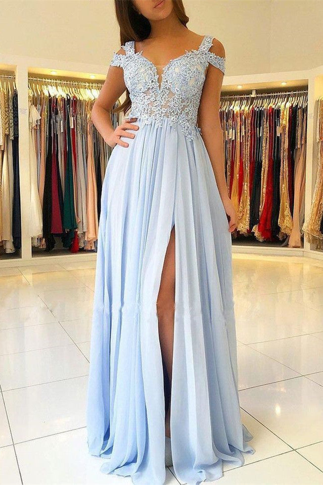 Elegant Off-the-shoulder Low Back Prom dresses with Chic High Split Ligh Sky blue Evening Gowns with Lace appliques-Ballbella