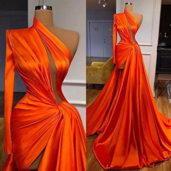 Elegant One Shoulder Long Sleeves Prom Dress With Split Front-Ballbella