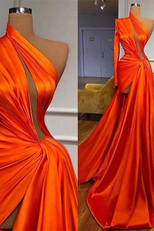 Elegant One Shoulder Long Sleeves Prom Dress With Split Front-Ballbella