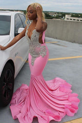 Elegant Pink Mermaid Court Train Prom Dresses wth Silver Beads-Ballbella