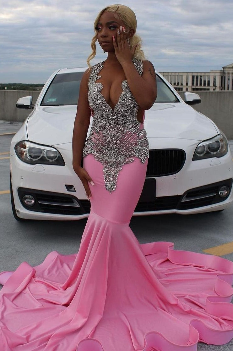 Elegant Pink Mermaid Court Train Prom Dresses wth Silver Beads-Ballbella