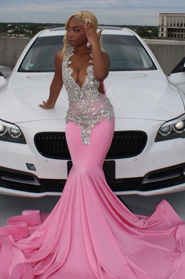 Elegant Pink Mermaid Court Train Prom Dresses wth Silver Beads-Ballbella