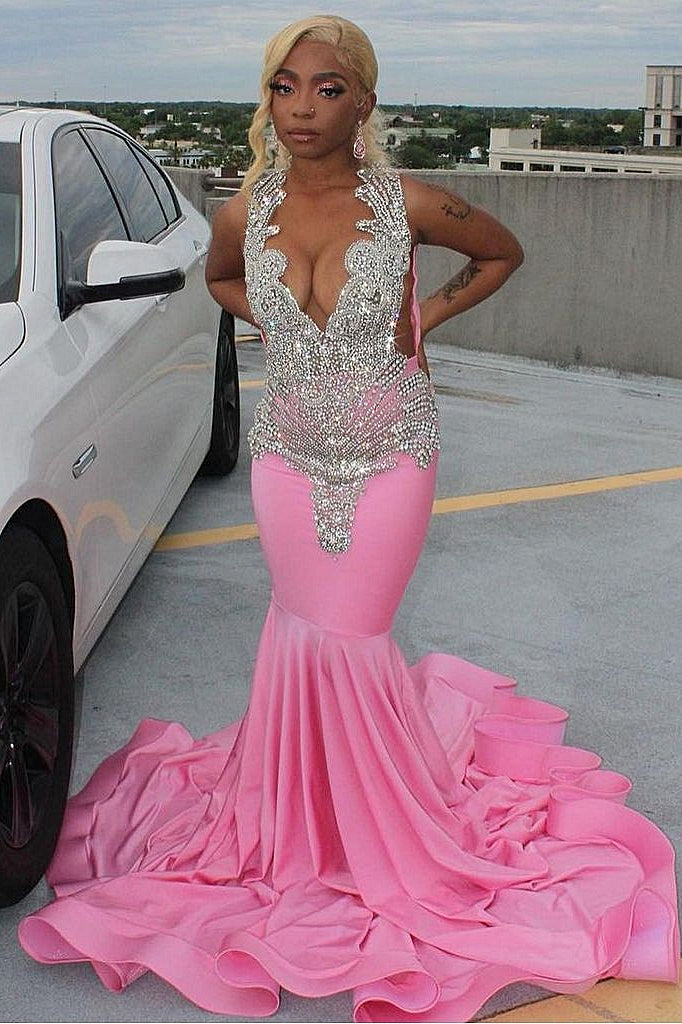 Elegant Pink Mermaid Court Train Prom Dresses wth Silver Beads-Ballbella