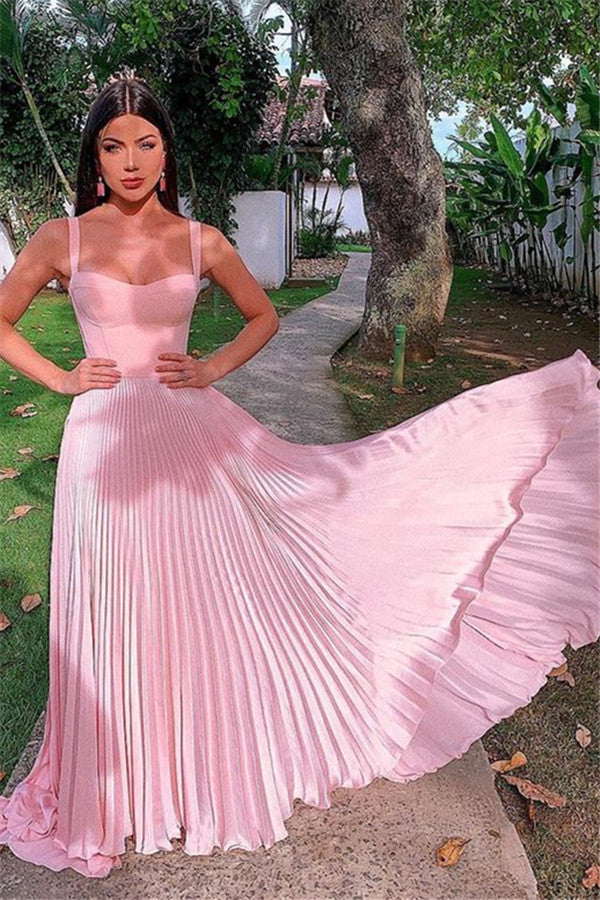 Elegant Pink Straps Sleeveless A-Line Prom Dresses-Ballbella