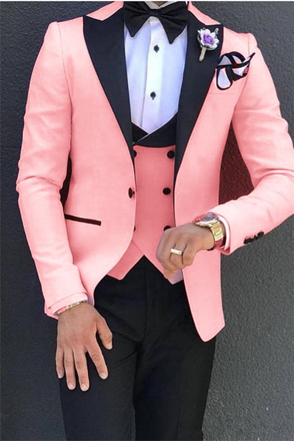 Elegant Pink Tuxedos Prom Suits 3 Pieces Designer Peak Lapel Men Suits Online-Ballbella