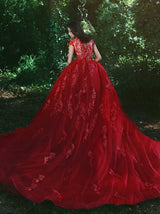 Ballbella.com custom made luxurious red ball gown formal dress,  v-neck cap sleeves lace applique over-skirt evening dress,  and chapel train prom dress. Get elegant design with top quality,  lowest price and free shipping,  affordable price, all colors and sizes.