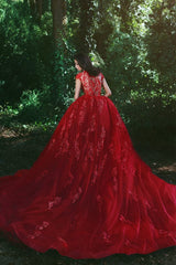 Ballbella.com custom made luxurious red ball gown formal dress,  v-neck cap sleeves lace applique over-skirt evening dress,  and chapel train prom dress. Get elegant design with top quality,  lowest price and free shipping,  affordable price, all colors and sizes.