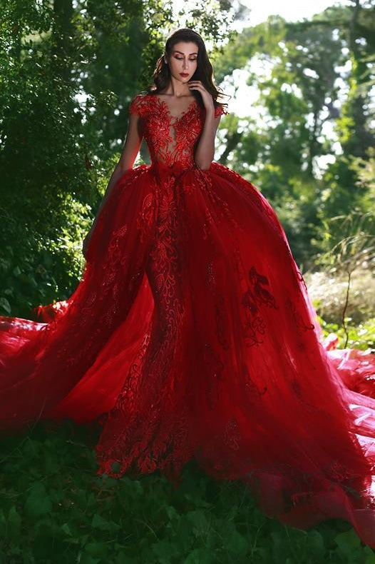 Elegant Red V-Neck OverSkirt Lace Applique Prom Dresses-Ballbella