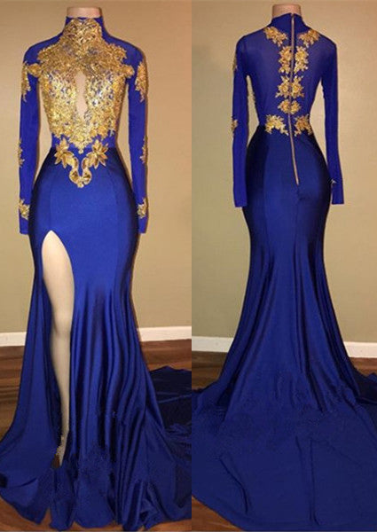 Elegant Royal Blue Prom Party GownsMermaid Long Sleeves With Appliques-Ballbella