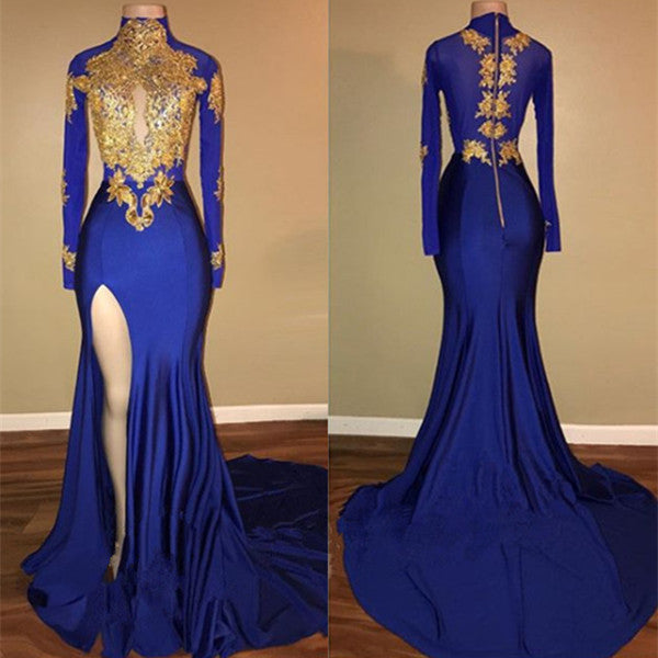 Elegant Royal Blue Prom Party GownsMermaid Long Sleeves With Appliques-Ballbella