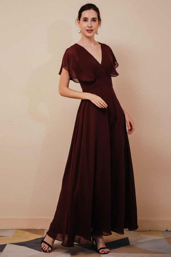 Elegant Rust Cool-shoulder V-neck Chiffon Evening Dress-Ballbella