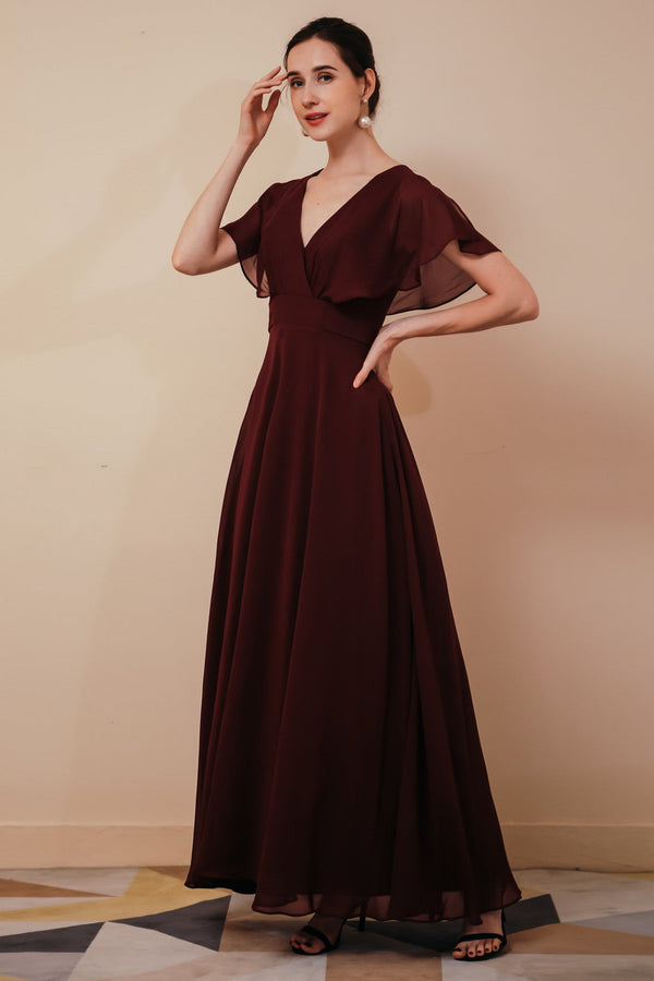 Elegant Rust Cool-shoulder V-neck Chiffon Evening Dress-Ballbella