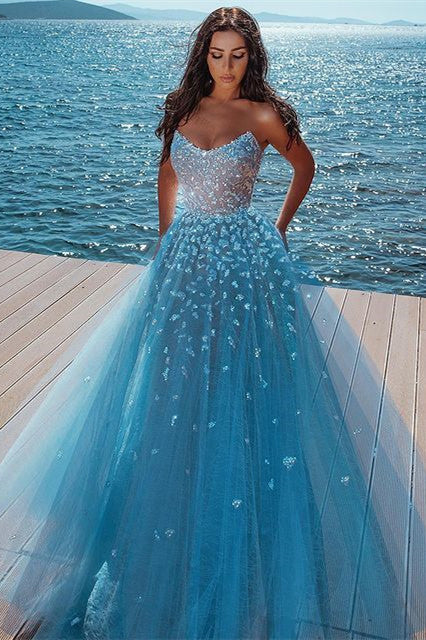 Ballbella offers Elegant sky blue Butterfly Strapless Sweetheart Tulle Sparkle Prom Party Gowns on Sale at an affordable price from Tulle to A-line Floor-length skirts. Shop for gorgeous Sleeveless Prom Dresses collections for special events.