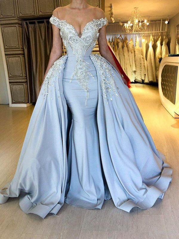 Elegant Sky Blue Mermaid Off-the-Shoulder Prom Dresses Sweetheart Discount Overskirt Evening Dresses On Sale-Ballbella