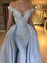 Elegant Sky Blue Mermaid Off-the-Shoulder Prom Dresses Sweetheart Discount Overskirt Evening Dresses On Sale-Ballbella