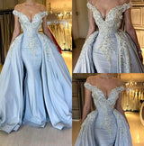 Elegant Sky Blue Mermaid Off-the-Shoulder Prom Dresses Sweetheart Discount Overskirt Evening Dresses On Sale-Ballbella