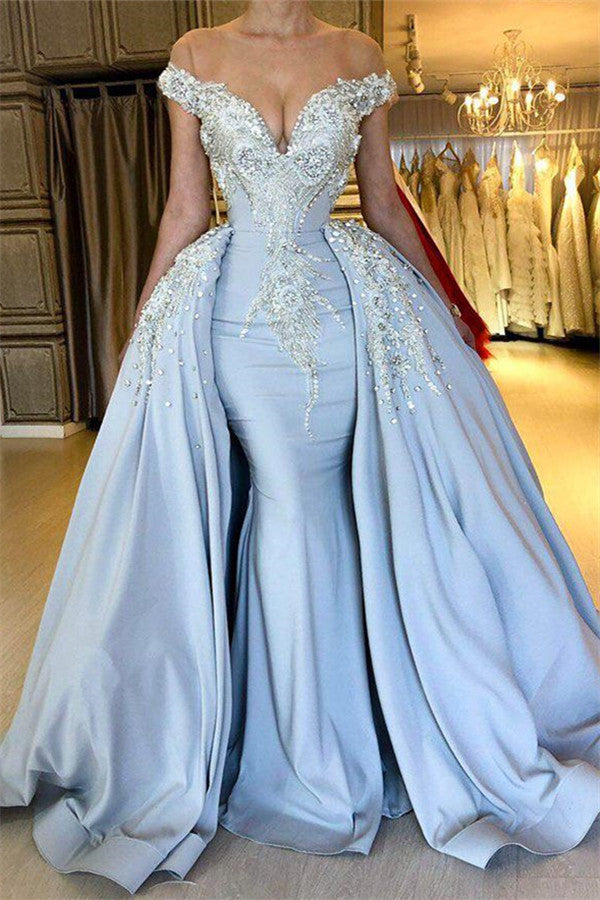 Elegant Sky Blue Mermaid Off-the-Shoulder Prom Dresses Sweetheart Discount Overskirt Evening Dresses On Sale-Ballbella