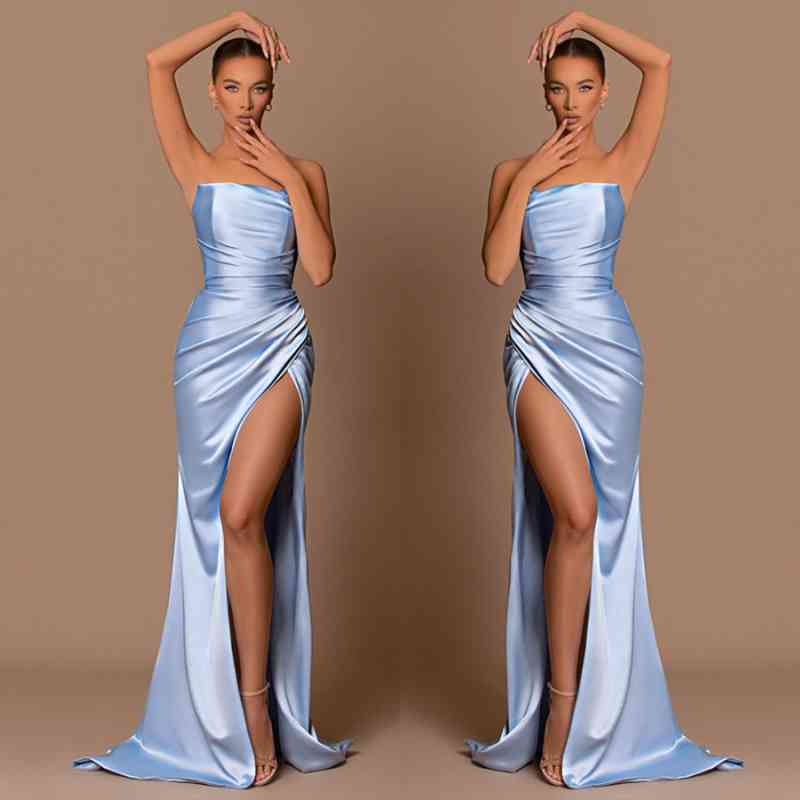 Elegant Sky Blue Strapless Mermaid Prom Dress Long Split-Ballbella