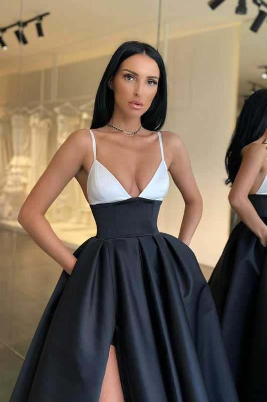 Elegant Spaghetti-Straps Black and White Prom Dress Long With Slit-Ballbella