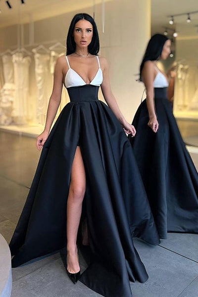 Elegant Spaghetti Straps Black and White Prom Dress Long With Slit Ballbella