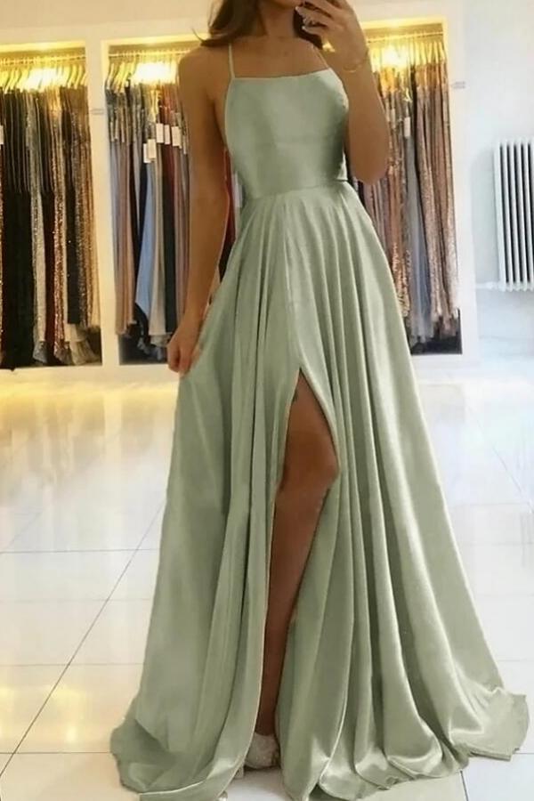 Elegant Spaghetti-Straps Long Prom Dress With Split-Ballbella